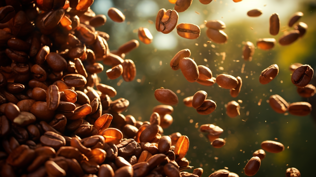 coffee beans falling from the sky with bright light in the background