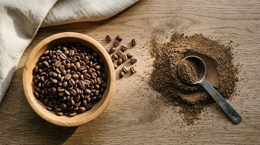 Wooden bowl of glossy whole coffee beans beside a dull mound of pre-ground coffee on an oak table
