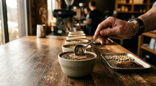 Hand breaking the crust on a row of steaming cupping bowls beside a tray of raw green coffee beans