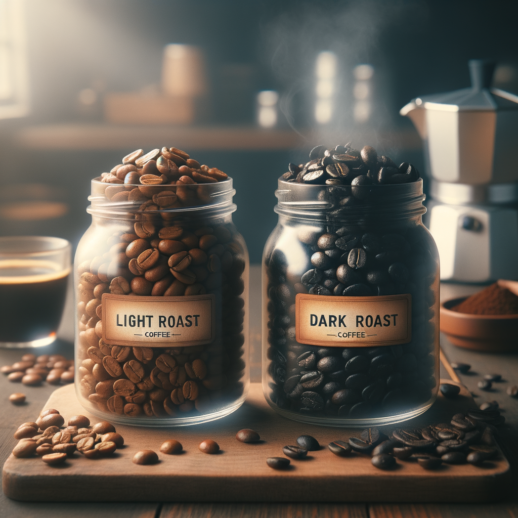 a jar of light roasted coffee beans and dark roasted coffee beans