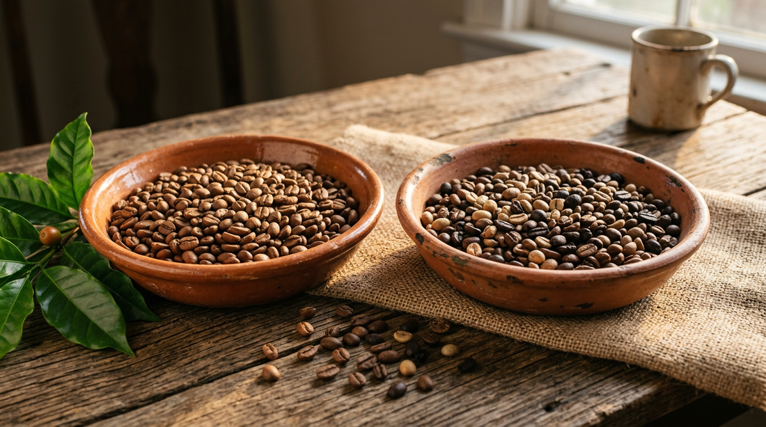 Two terracotta bowls of coffee beans on an oak table: one uniform lot, one mixed blend, in warm light