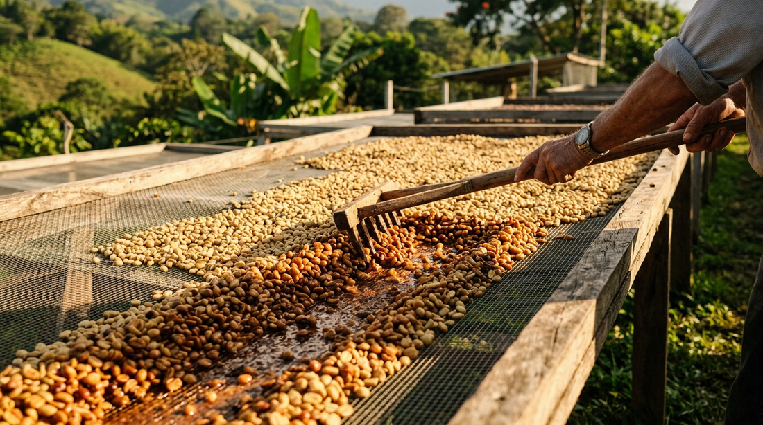 Weathered hands rake sticky amber-coated coffee beans across a raised mesh drying bed in golden light