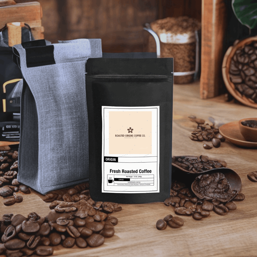 a bag of 6 Bean Blend coffee from roasted origins next to piles of roasted coffee beans