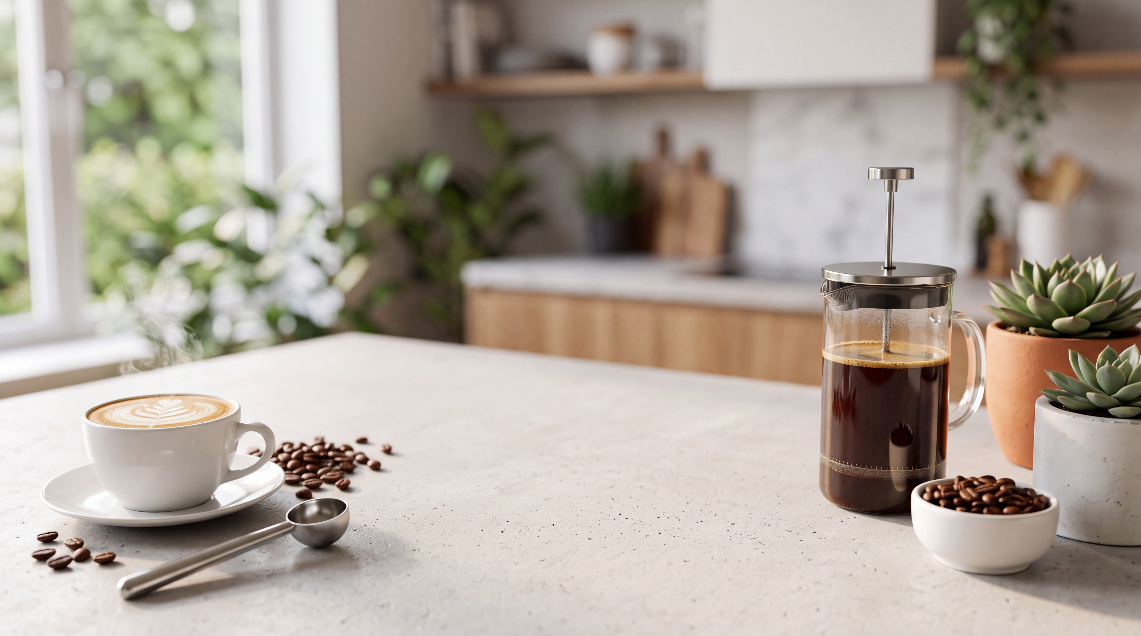 A coffee setup on a light stone countertop in a bright kitchen, featuring a white cup of latte with foam, a glass French press filled with dark coffee, scattered coffee beans, a small bowl of beans, and potted succulents.