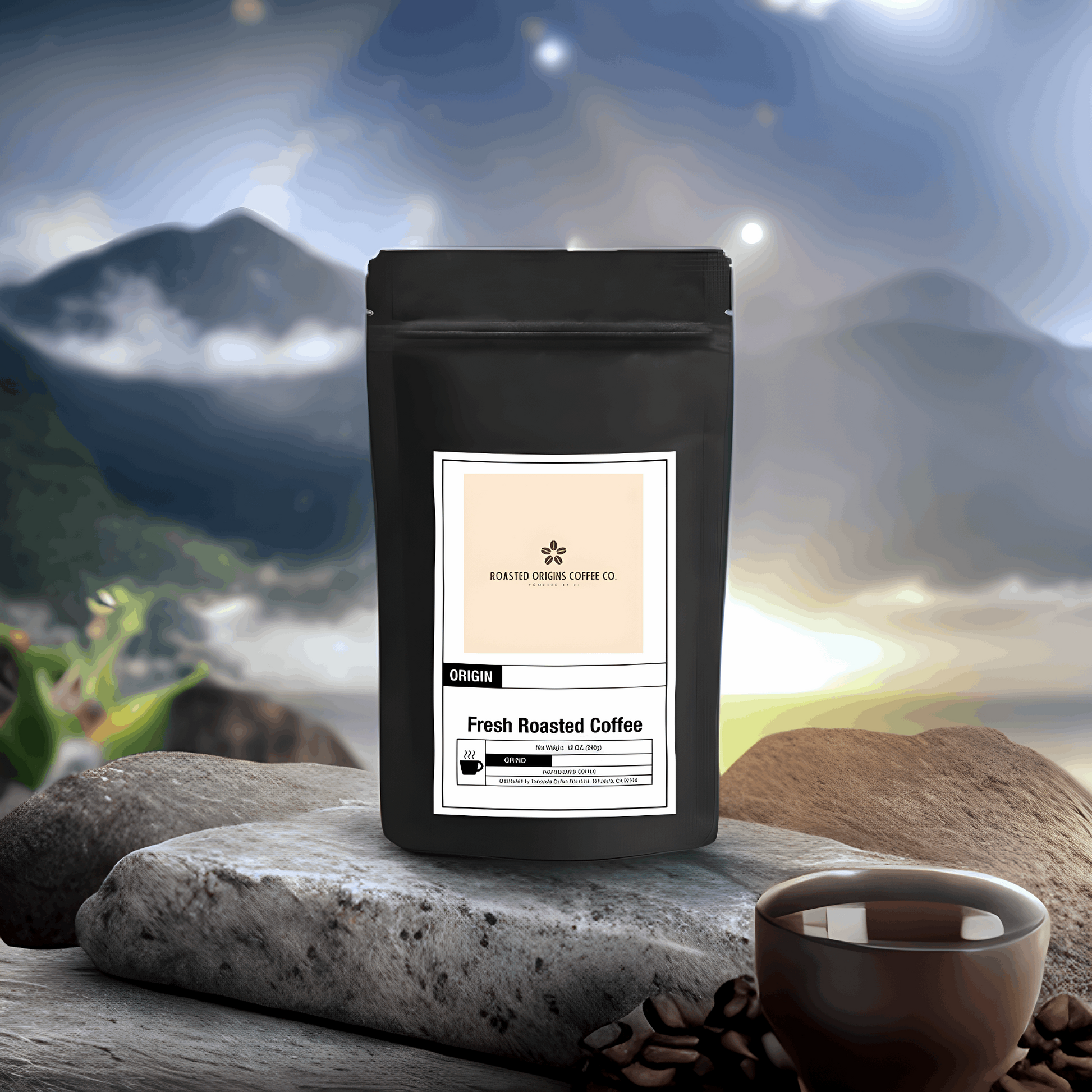 a bag of Brazil Santos single origin coffee next to a cup of coffee with a sunset in the background