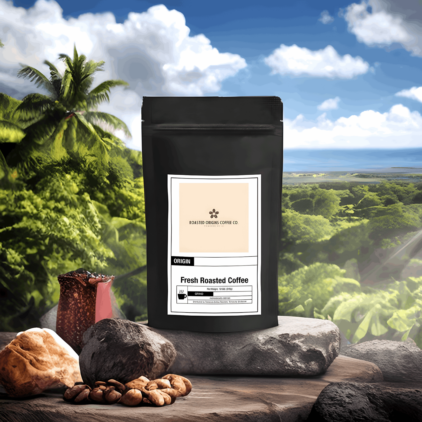 a bag of Costa Rican coffee with a background of trees and sunshine