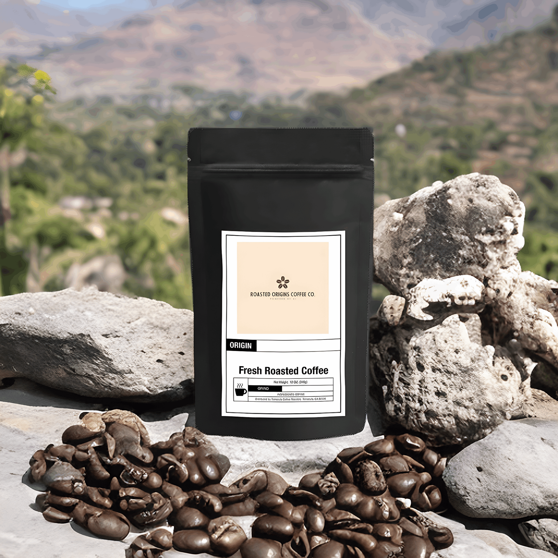 a bag of Ethiopia Natural coffee next to rocks and coffee beans