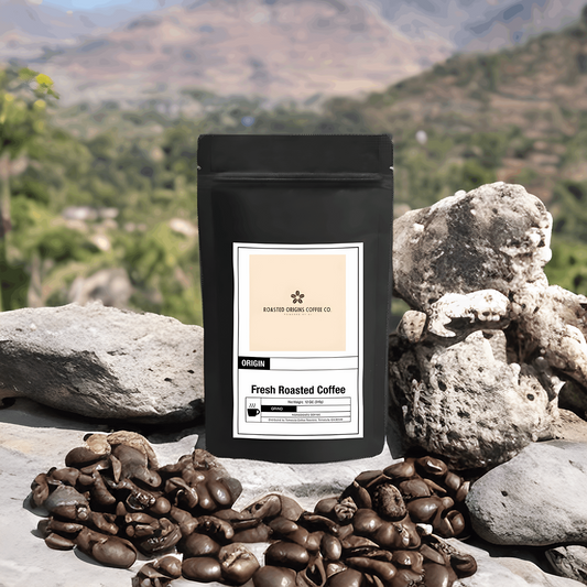 a bag of Ethiopia Natural coffee next to rocks and coffee beans