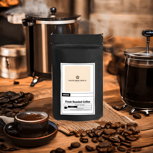 a bag of French Roast coffee by company called roasted origins next to a french press and coffee beans