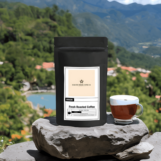 a bag of Guatemalan coffee on a pedestal next to a cup of coffee with a beautiful scenery in the background