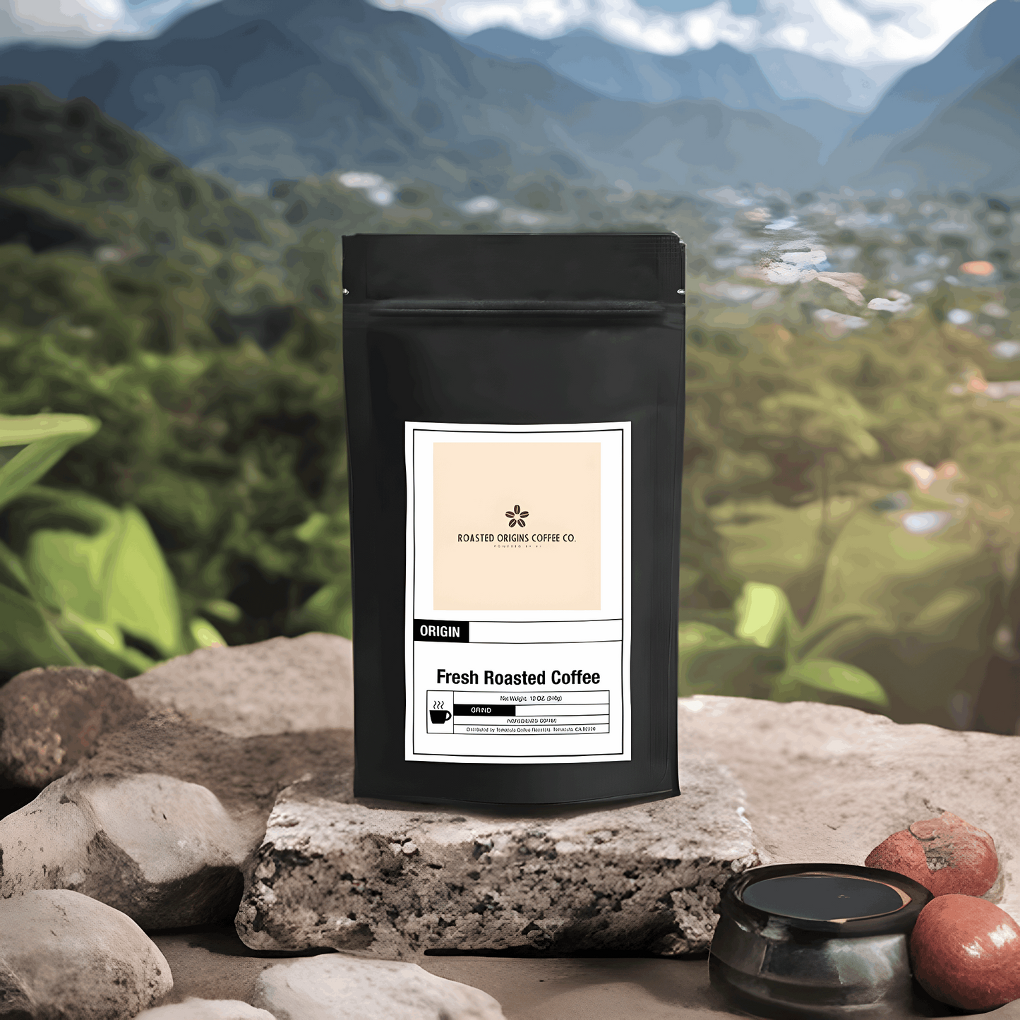 a bag of Honduras single origin coffee from company called roasted origins on a rock pedestal