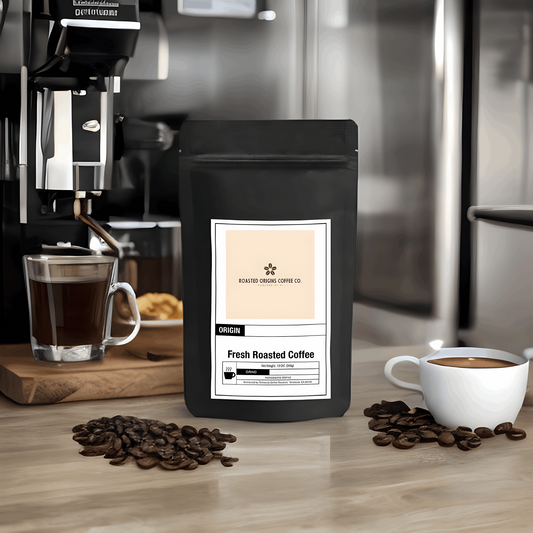 a bag of House Blend coffee from roasted origins next to a coffee maker and a cup of coffee