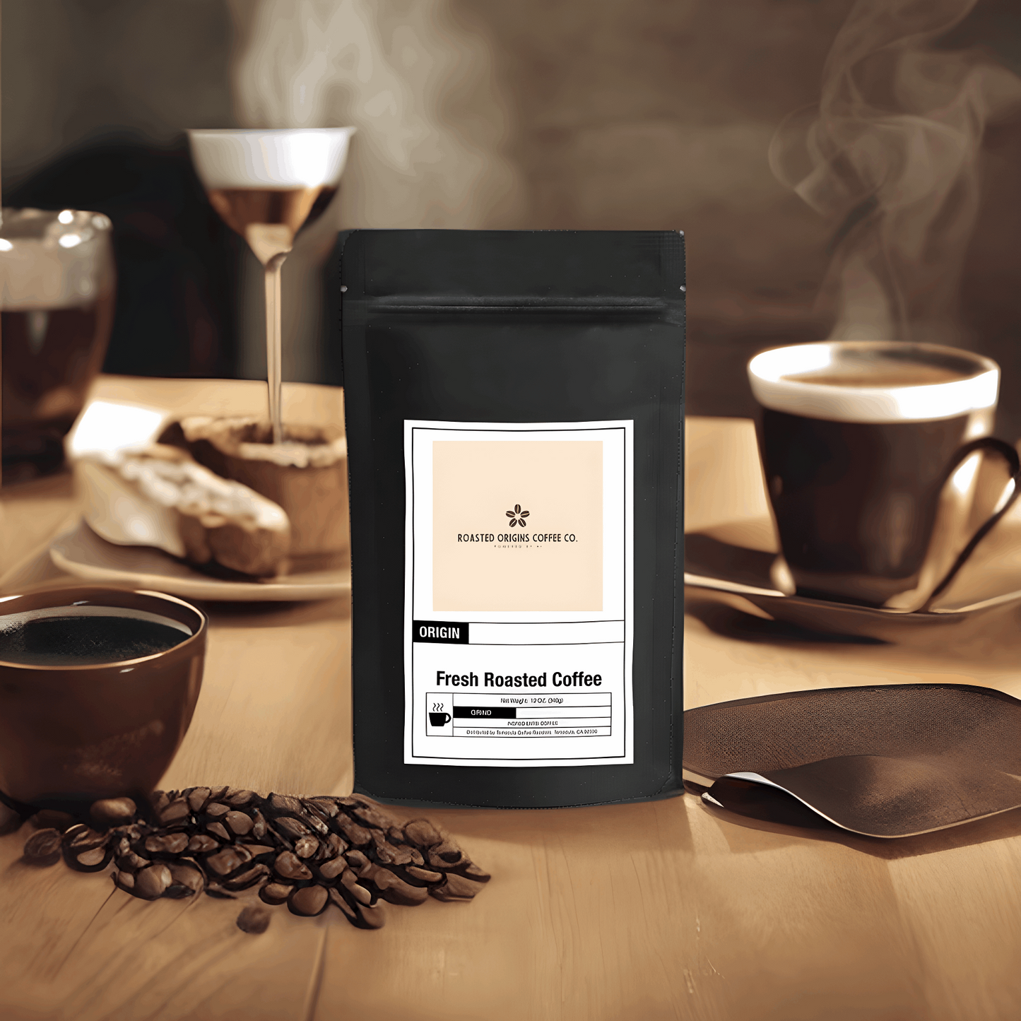 a bag of Latin American Blend coffee from roasted origins next to coffee beans