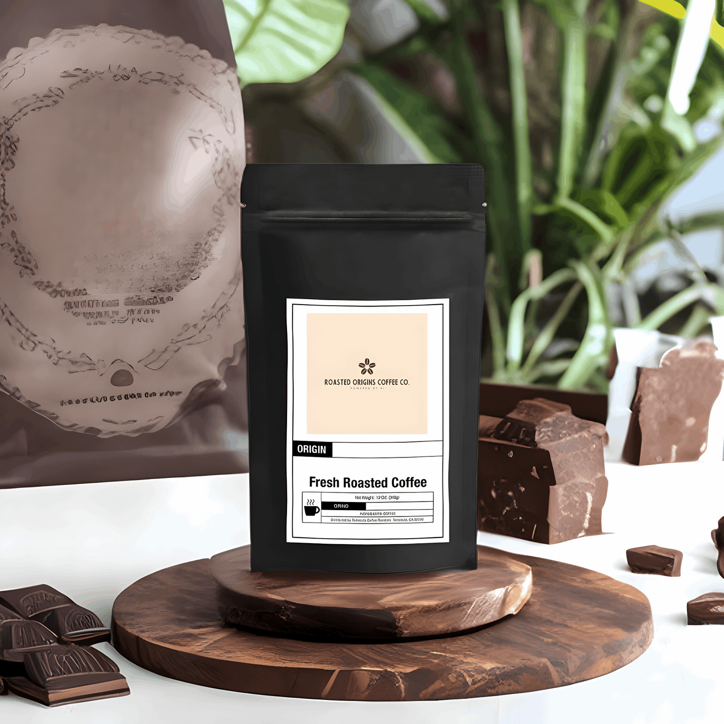 a bag of Mexican Chocolate coffee by roasted origins on a pedestal next to chocolate