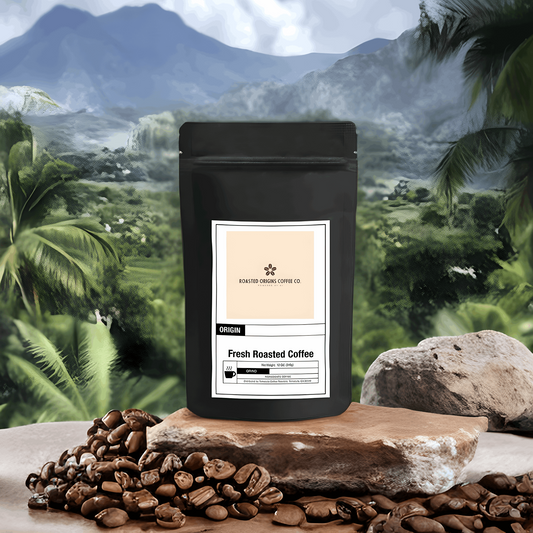 a bag of Mexican coffee from roasted origins next to a rock and coffee beans with a Mexico scenery in the background