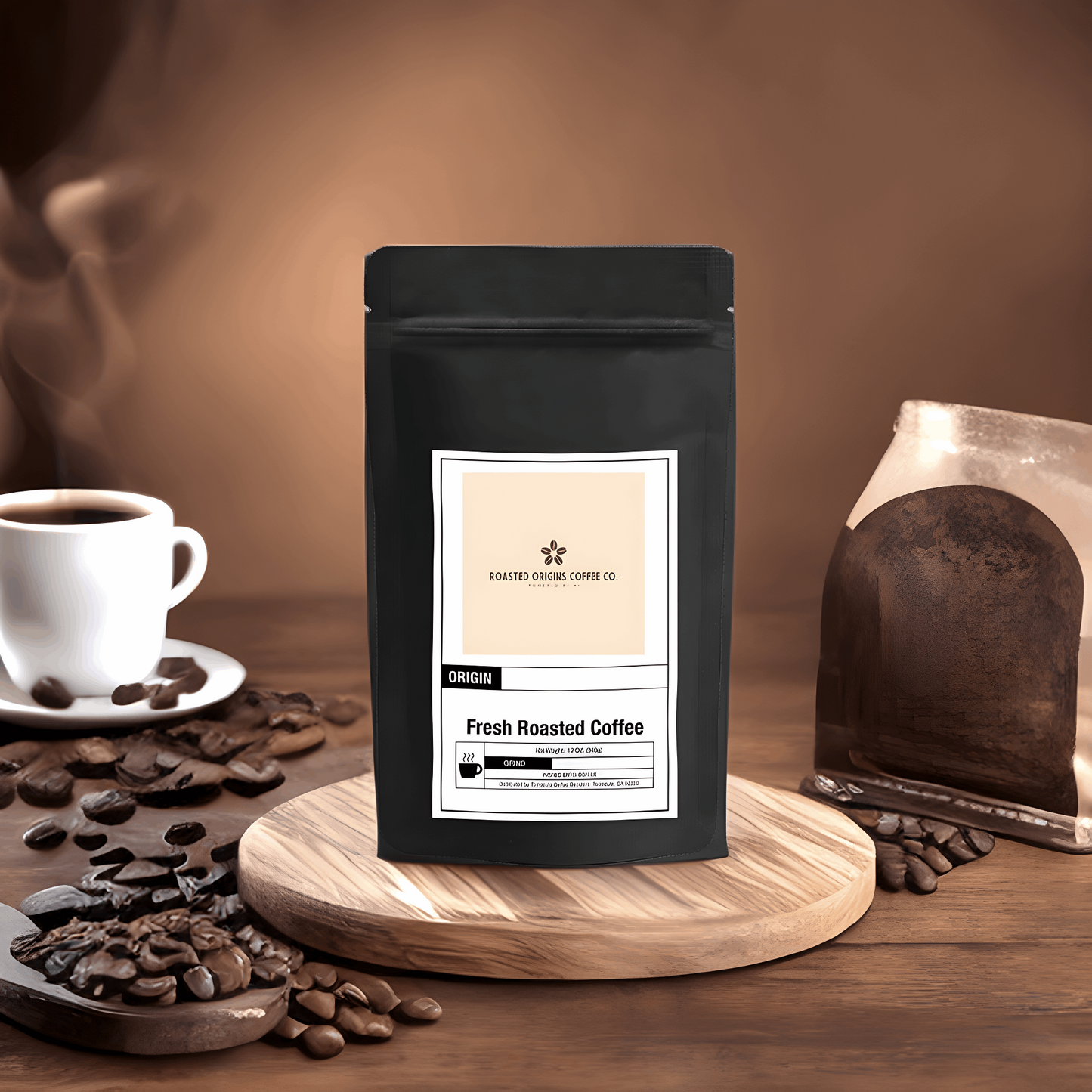 a bag of Mocha flavored coffee made by roasted origins next to coffee beans sitting on a pedestal