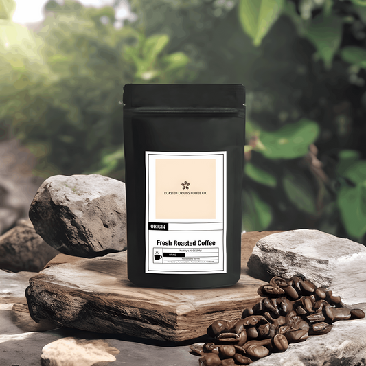 a bag of Nicaraguan coffee next to rocks and jungle scenery