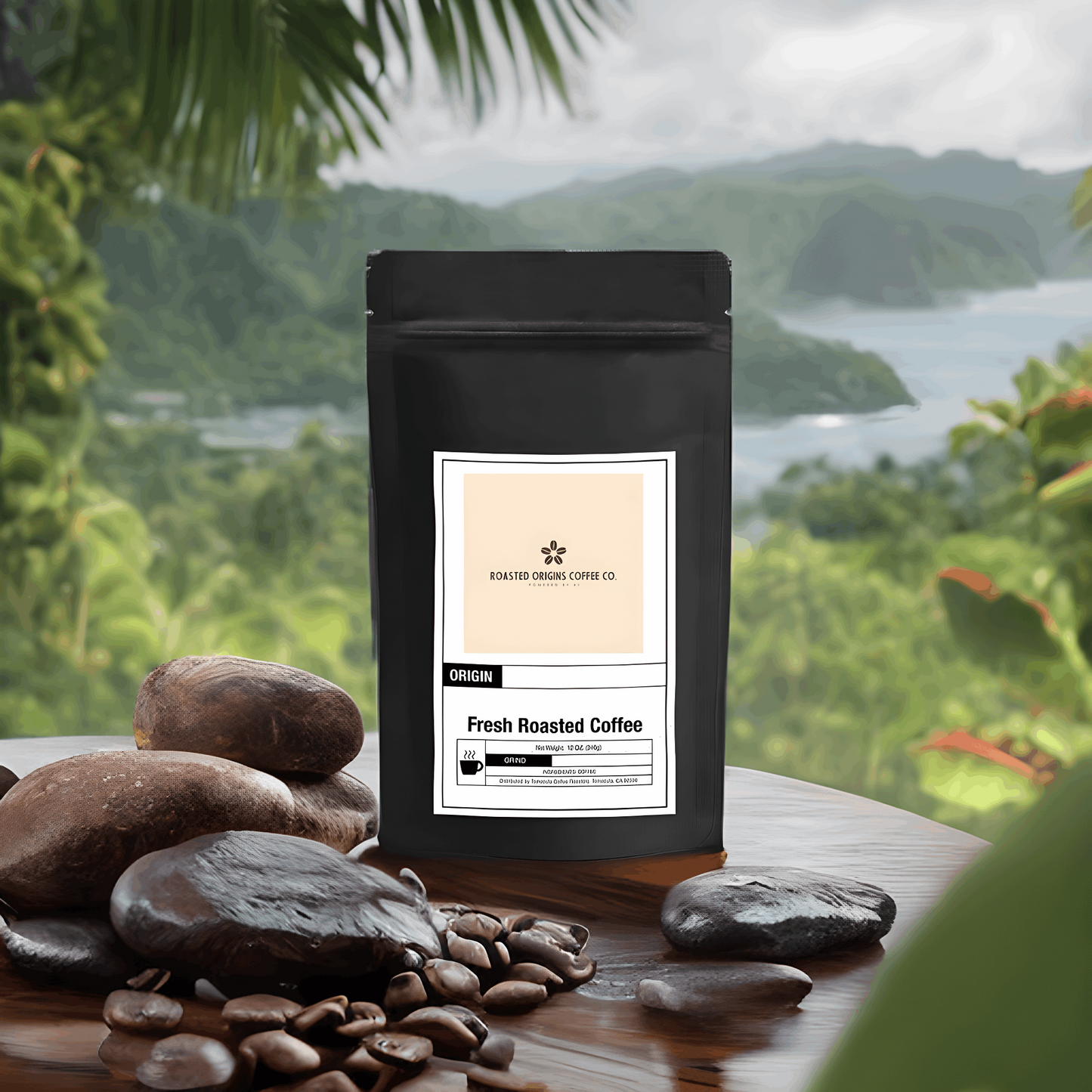 a bag of Papua New Guinea coffee next to rocks on a pedestal with a vibrant green background