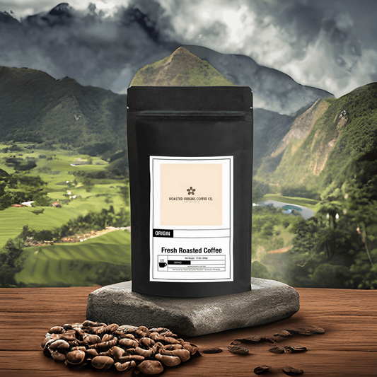 a bag of Peru coffee next to coffee beans on a pedestal 