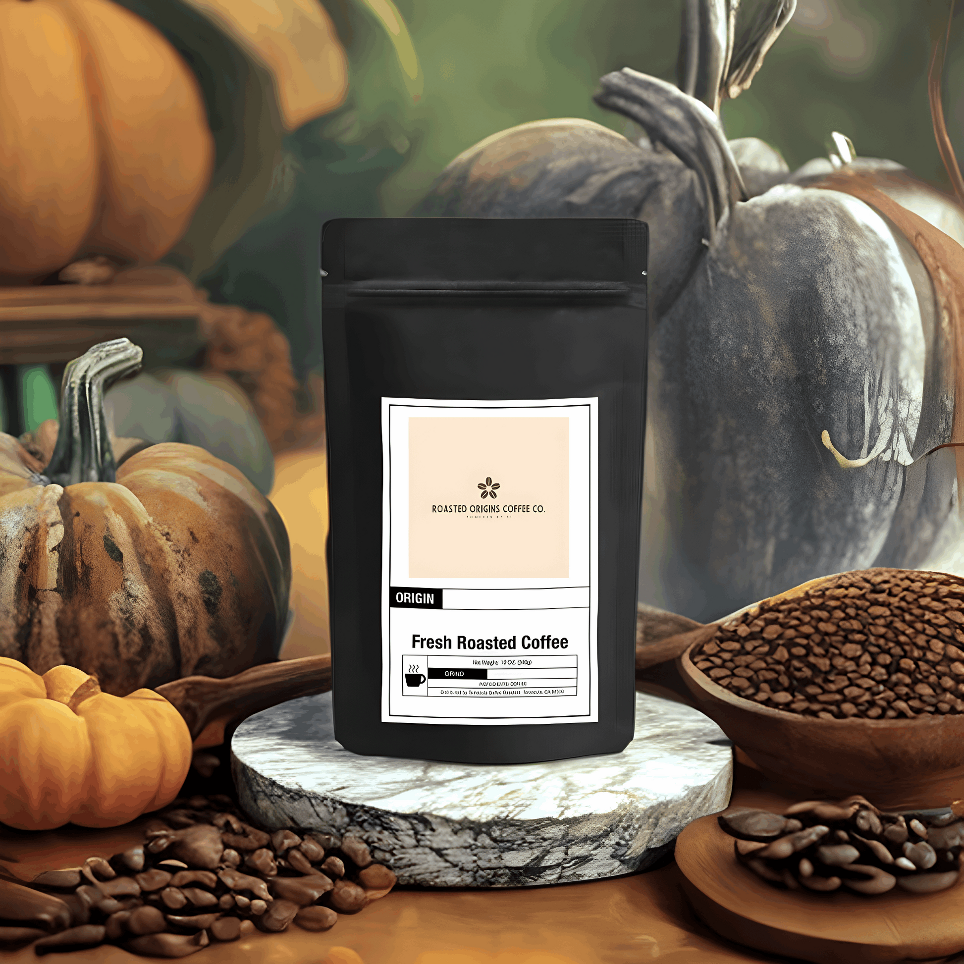 a bag of Pumpkin Spice coffee next to pumpkins and coffee beans