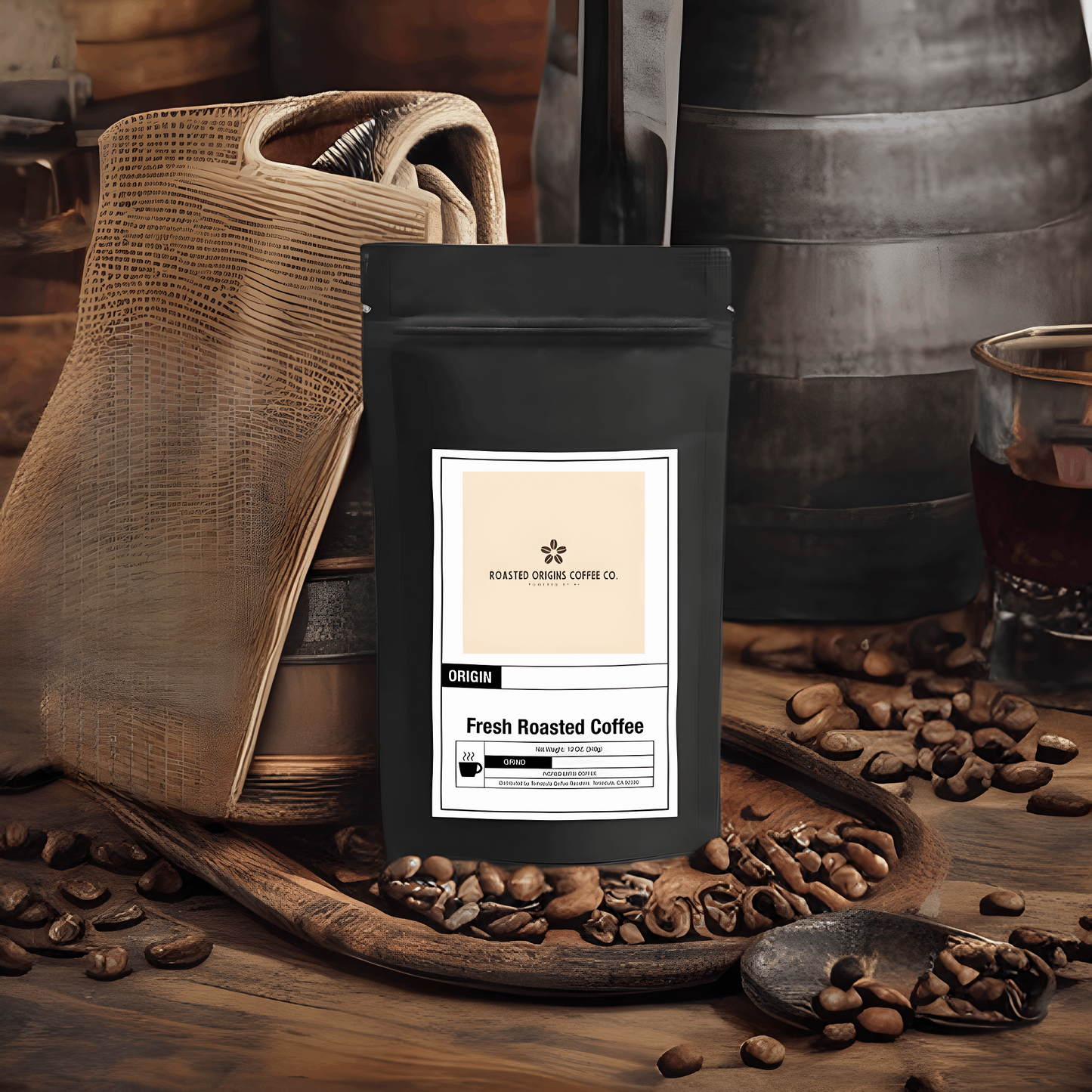 Whiskey Barrel Aged Blend Coffee next to barrel and coffee beans