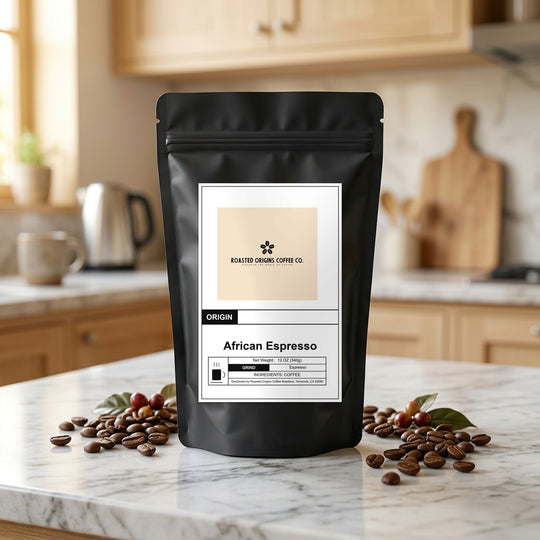 African Espresso coffee bag standing on a marble kitchen counter, roasted beans scattered at its base