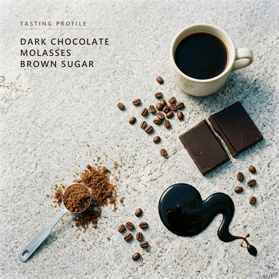 Bali Blue tasting profile on granite: dark chocolate, blackstrap molasses and dark brown sugar