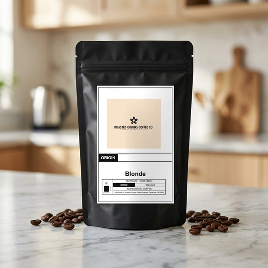 Blonde coffee bag standing on a marble kitchen counter, roasted beans scattered at its base