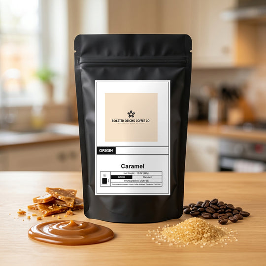 Caramel flavoured coffee bag on honey oak, staged among its flavourings