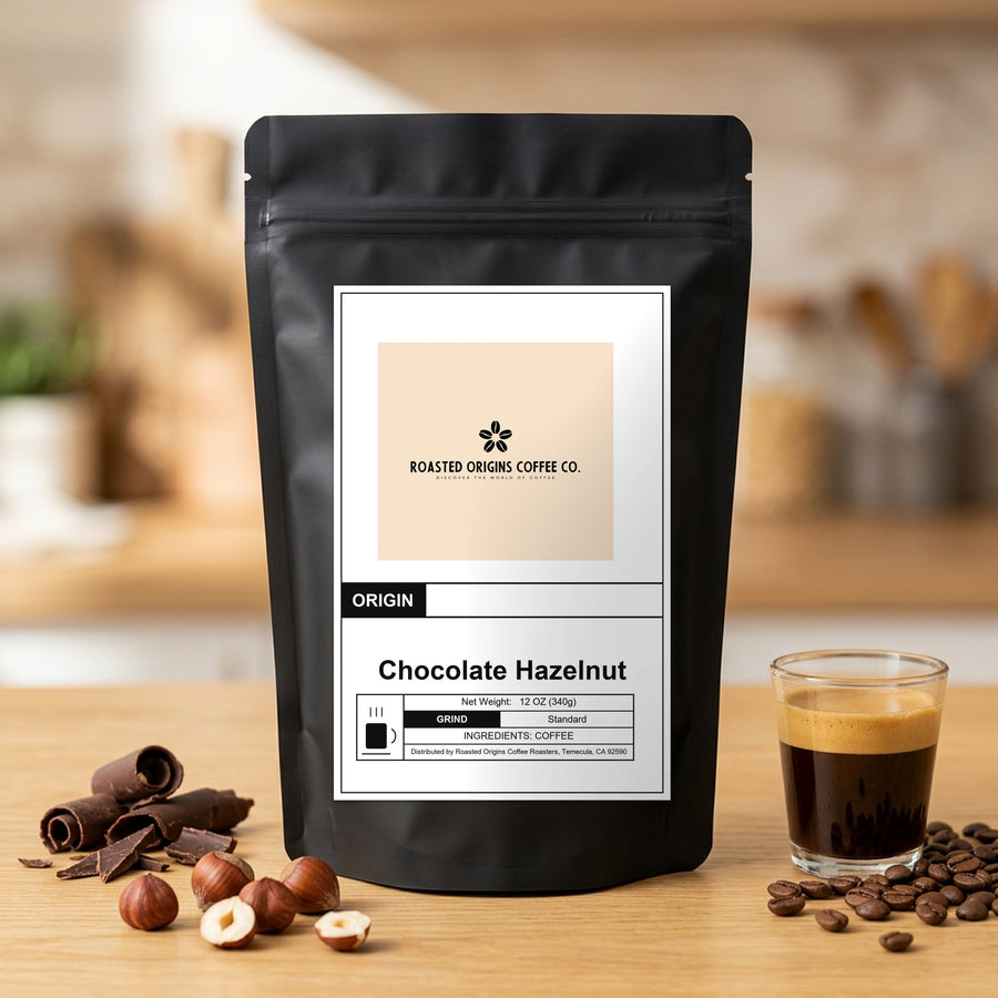 Chocolate Hazelnut flavoured coffee bag on honey oak, staged among its flavourings