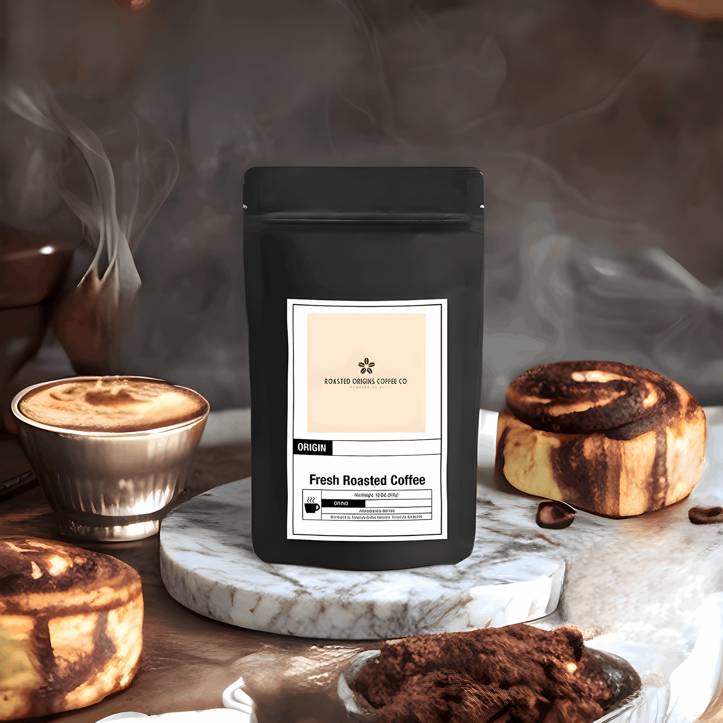 a bag of Cinnabun flavored coffee next to a cinnamon roll on a granite pedestal