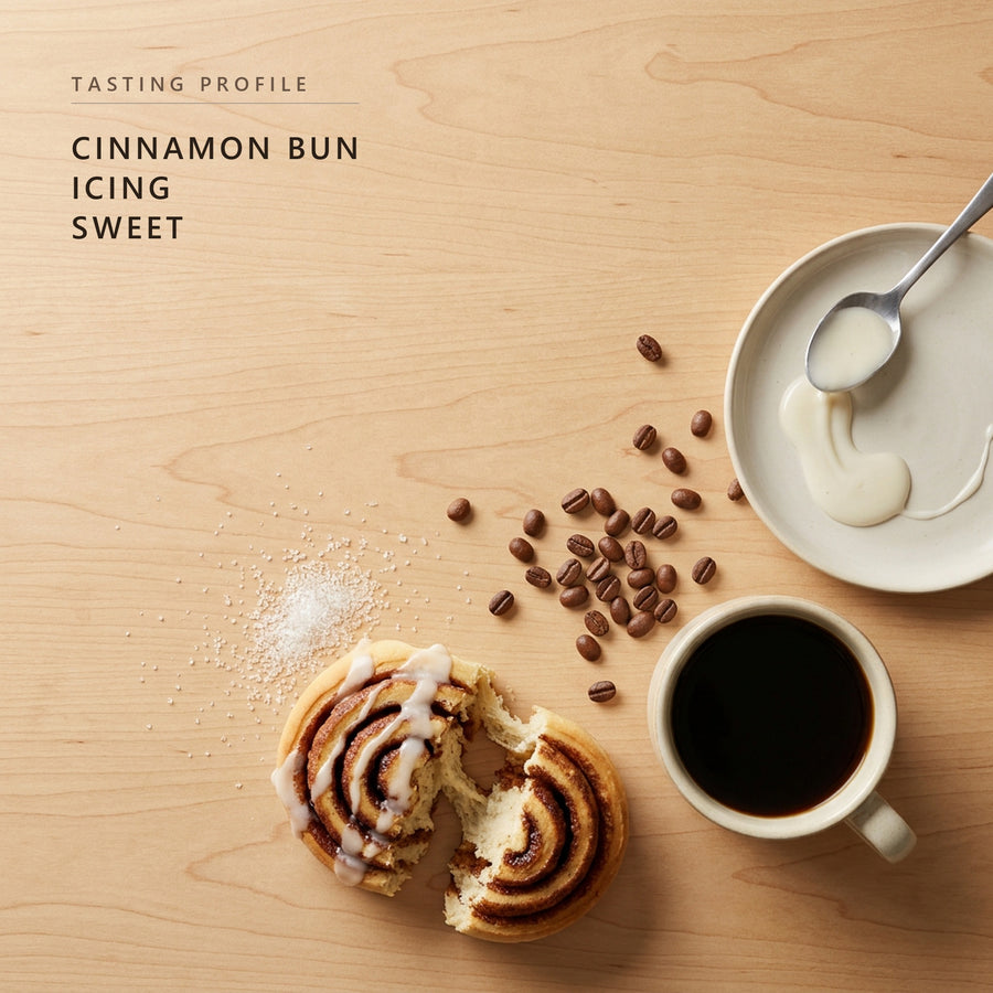 Cinnabun tasting profile: cinnamon bun, icing and sweet