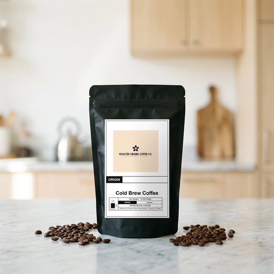 Cold Brew Coffee bag standing on a marble kitchen counter, roasted beans scattered at its base