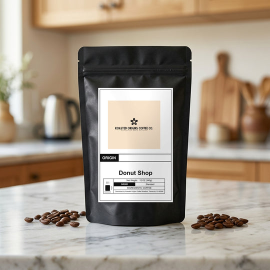 Donut Shop coffee bag standing on a marble kitchen counter, roasted beans scattered at its base