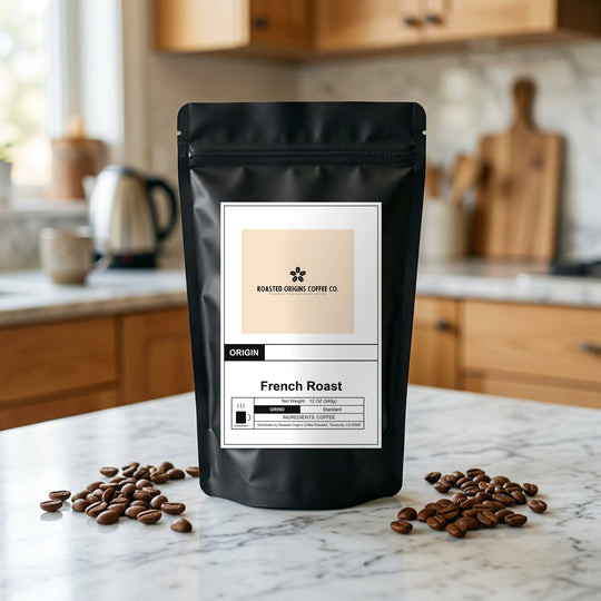French Roast coffee bag standing on a marble kitchen counter, roasted beans scattered at its base