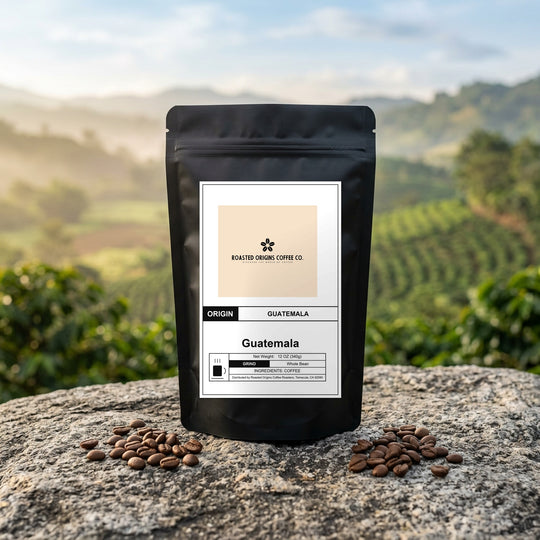 Guatemala coffee bag standing on pale granite outdoors, roasted beans scattered at its base