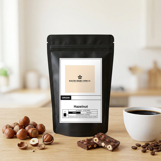 Hazelnut flavoured coffee bag on honey oak, staged among its flavourings