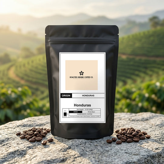 Honduras coffee bag standing on pale granite outdoors, roasted beans scattered at its base