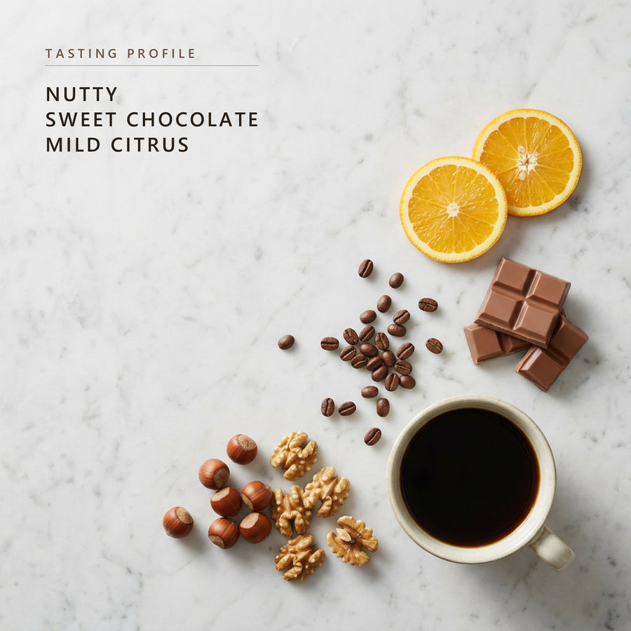 House Blend tasting profile: nutty, sweet chocolate and mild citrus