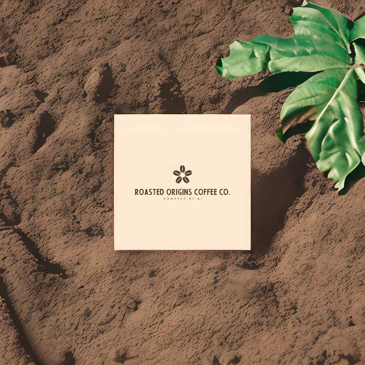 roasted origins logo on piece of paper in the dirt next to a plant 