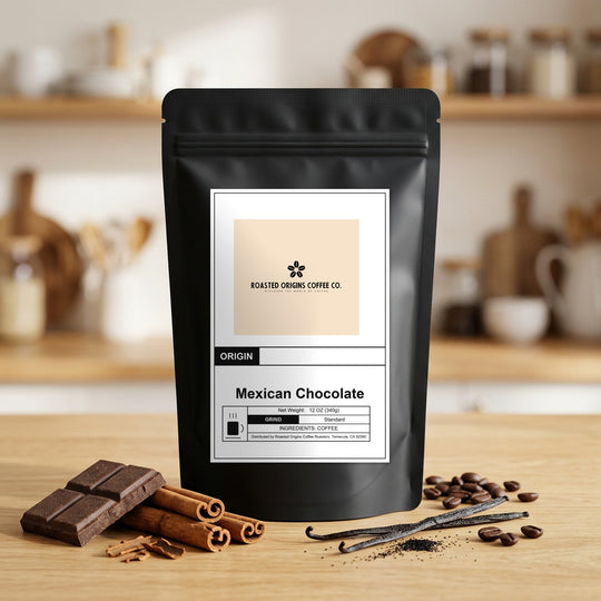 Mexican Chocolate flavoured coffee bag on honey oak, staged among its flavourings