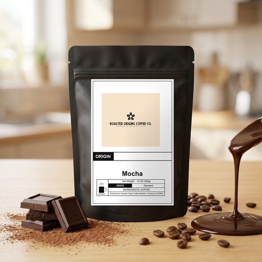 Mocha flavoured coffee bag on honey oak, staged among its flavourings