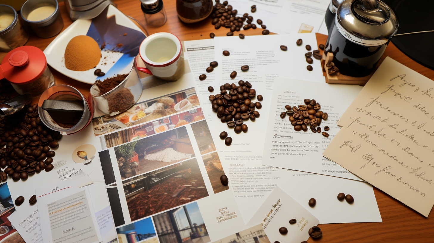 a desk with papers and pictures and coffee beans with a letter on the right hand side