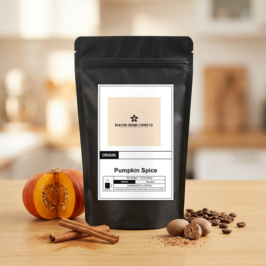 Pumpkin Spice flavoured coffee bag on honey oak, staged among its flavourings