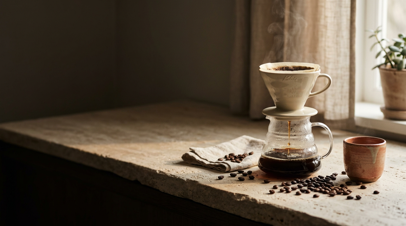 Pour-over coffee brewing on a warm stone countertop with fresh roasted beans