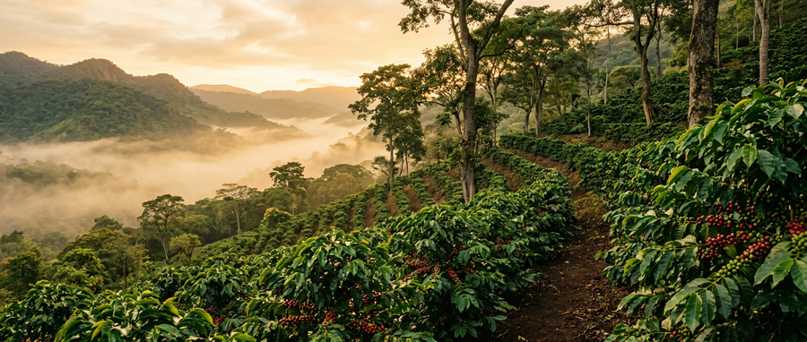 Shade-grown coffee farm hillside at golden hour