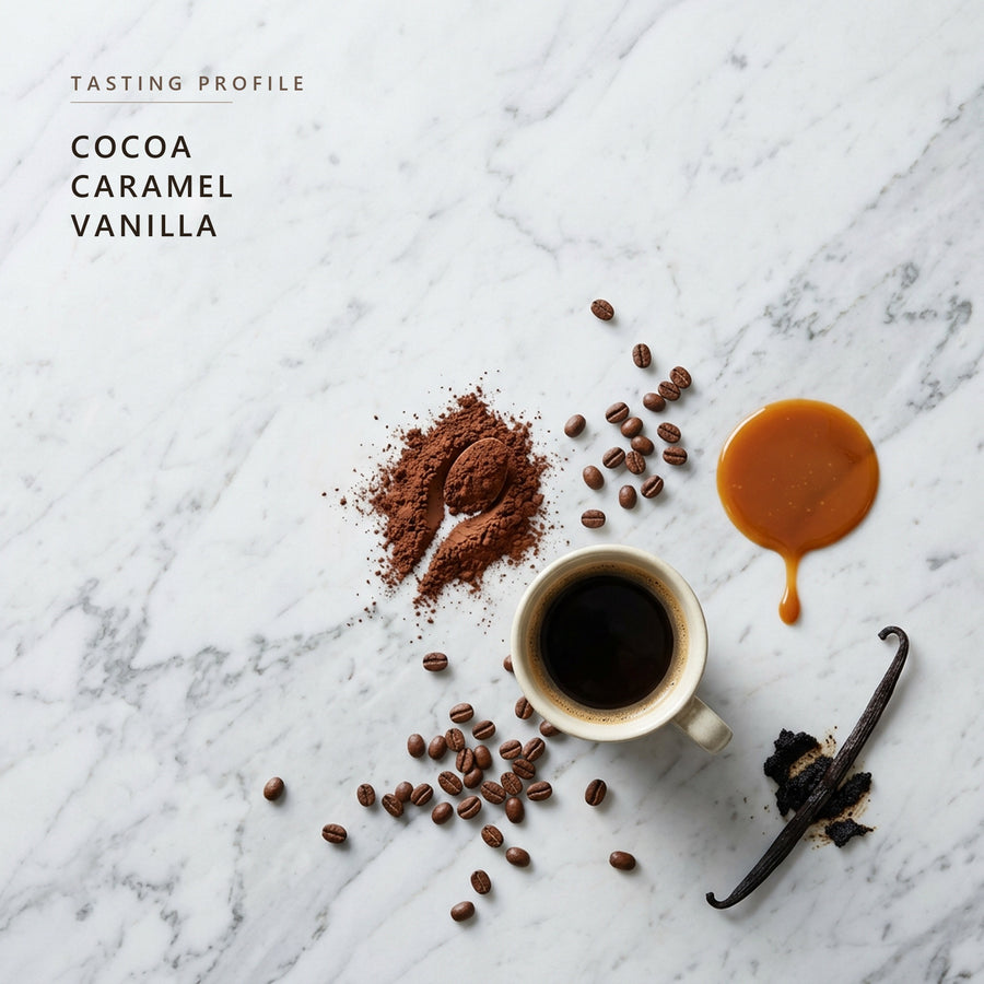 Cowboy Blend tasting profile: cocoa, caramel and vanilla
