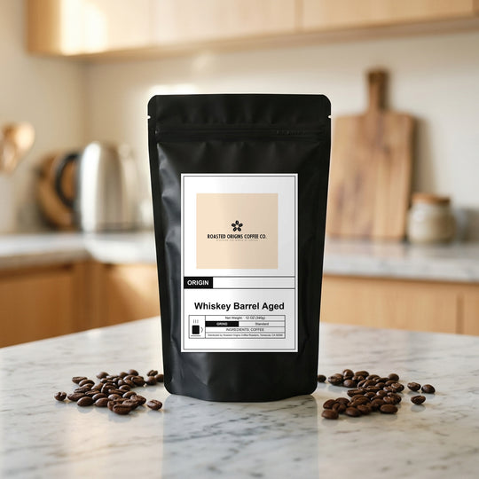 Whiskey Barrel Aged coffee bag standing on a marble kitchen counter, roasted beans scattered at its base