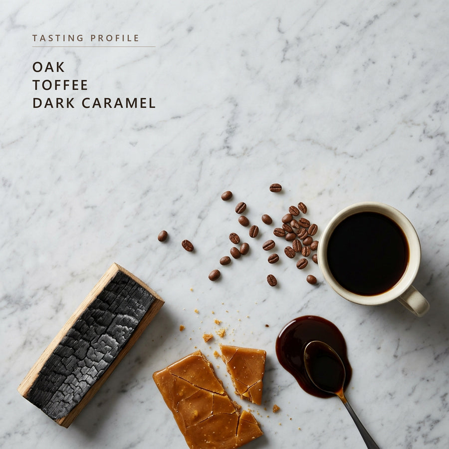 Whiskey Barrel Aged tasting profile: oak, toffee and dark caramel